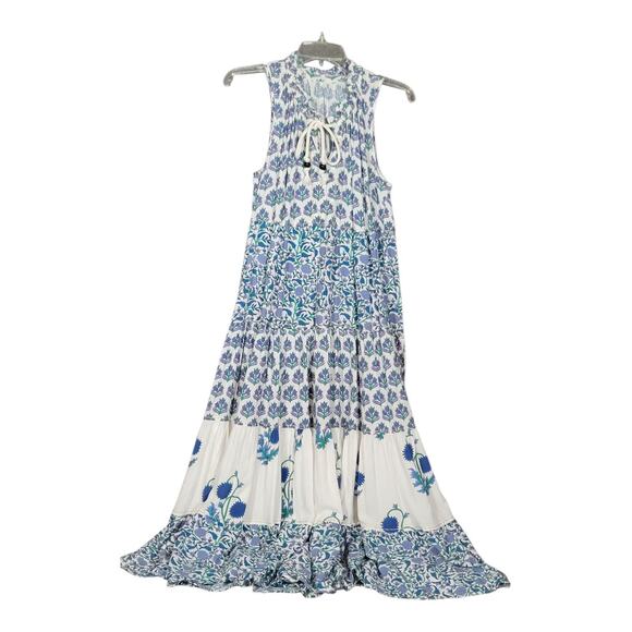 Chelsea & Theodore Split Neck Boho‎ Midi Dress Blue Floral Block Print - Picture 2 of 14